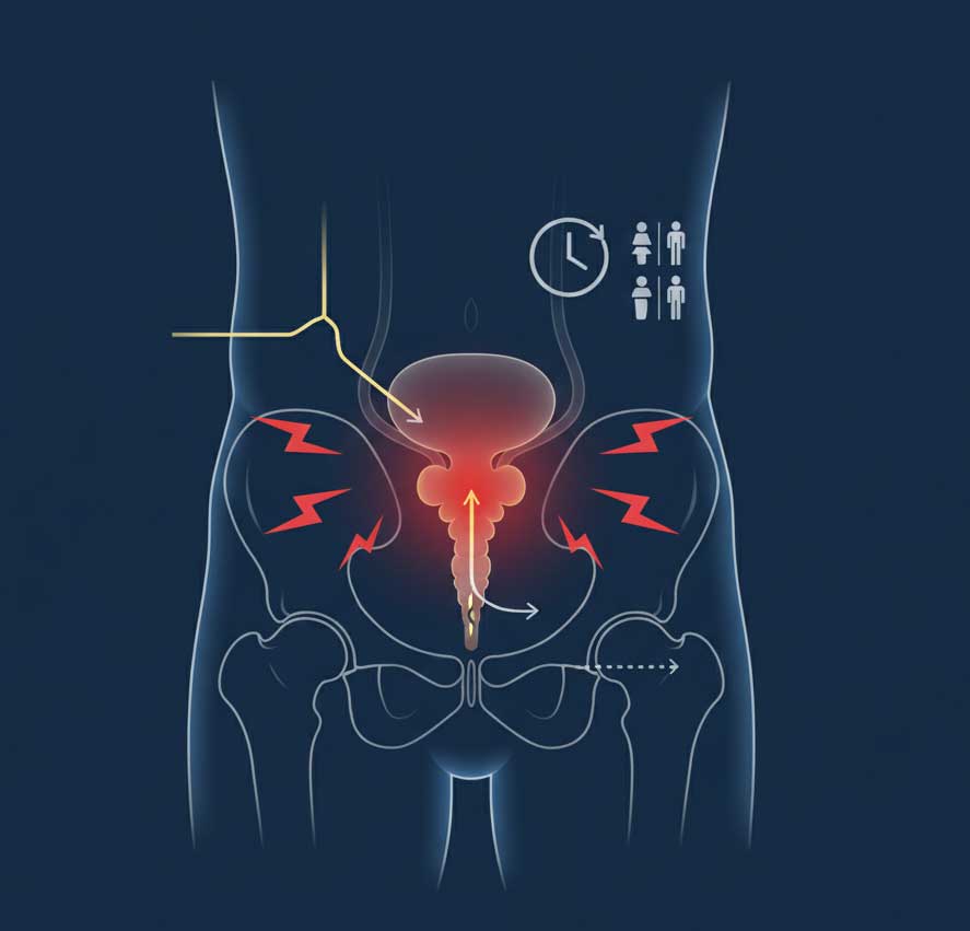 Bu görsel, idrar yapma zorlukları, ağrı veya baskı gibi yaygın prostat semptomlarını temsil ediyor