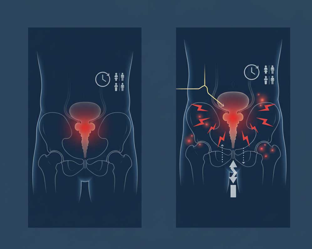 Bu görsel, erken evredeki belirti yokluğunu (veya belirsizliğini) ve ilerleyen evrelerde ortaya çıkabilecek idrar yapma değişiklikleri ile pelvik bölgedeki baskı gibi semptomları temsil ediyor.