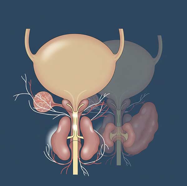 prostatın anatomisini, idrar kanalıyla ilişkisini ve yaşla birlikte oluşabilecek olası değişiklikleri şematik ve yazısız bir şekilde gösteren bir görsel